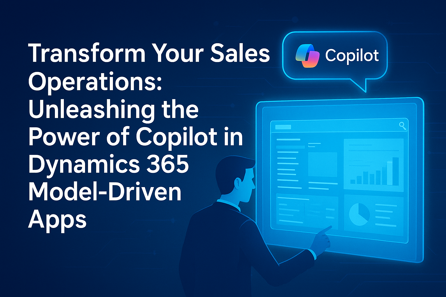 Transform Your Sales Operations: Unleashing the Power of Copilot in Dynamics 365 Model-Driven Apps' in bold white text on a blue background. On the right, a futuristic illustration shows a business professional interacting with a glowing holographic dashboard, with the Microsoft Copilot logo in a speech bubble above.
