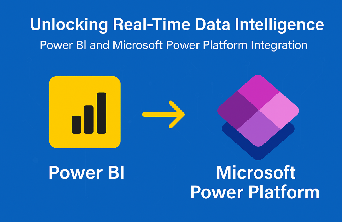 Power BI and Microsoft Power Platform integration. Power BI logo on the left, Power Platform logo on the right, connected by a yellow arrow, with the title ‘Unlocking Real-Time Data Intelligence: Power BI and Microsoft Power Platform Integration’ on a blue background.