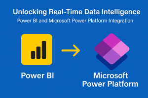 Power BI and Microsoft Power Platform integration. Power BI logo on the left, Power Platform logo on the right, connected by a yellow arrow, with the title ‘Unlocking Real-Time Data Intelligence: Power BI and Microsoft Power Platform Integration’ on a blue background.
