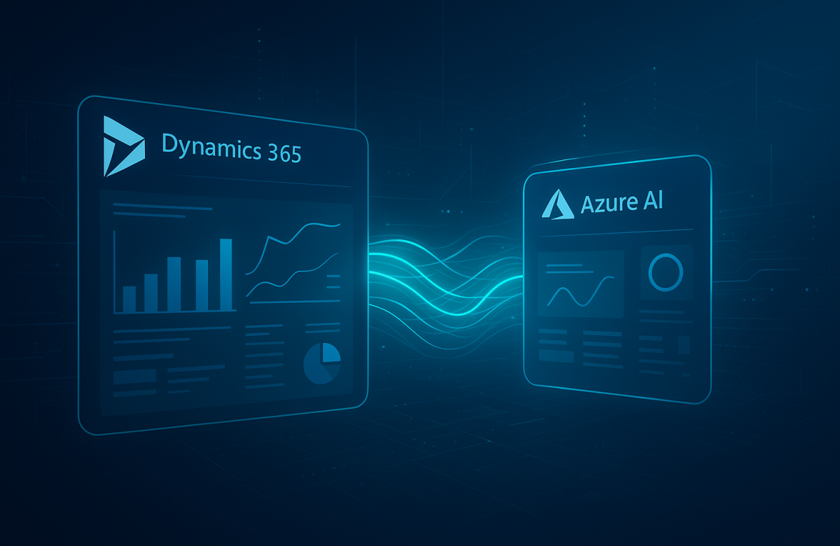 Futuristic digital banner visualizing integration between Microsoft Dynamics 365 and Azure AI, showing two glowing dashboard interfaces connected by flowing data lines on a dark blue tech background.