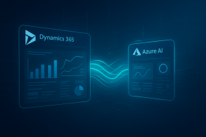 Futuristic digital banner visualizing integration between Microsoft Dynamics 365 and Azure AI, showing two glowing dashboard interfaces connected by flowing data lines on a dark blue tech background.