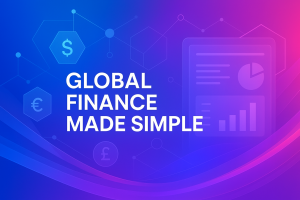 Modern geometric finance banner with blue-to-purple gradient background, hexagons and currency symbols, interconnected network lines, semi-transparent Business Central-style dashboard, and bold text reading ‘Global Finance Made Simple