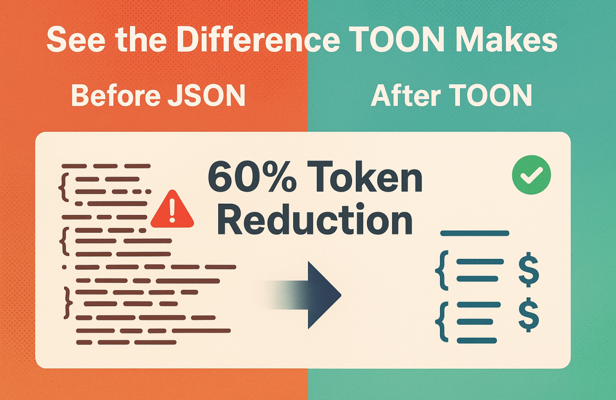 Before/After banner showing cluttered JSON vs clean TOON output with 60% token reduction and red-to-green contrast.