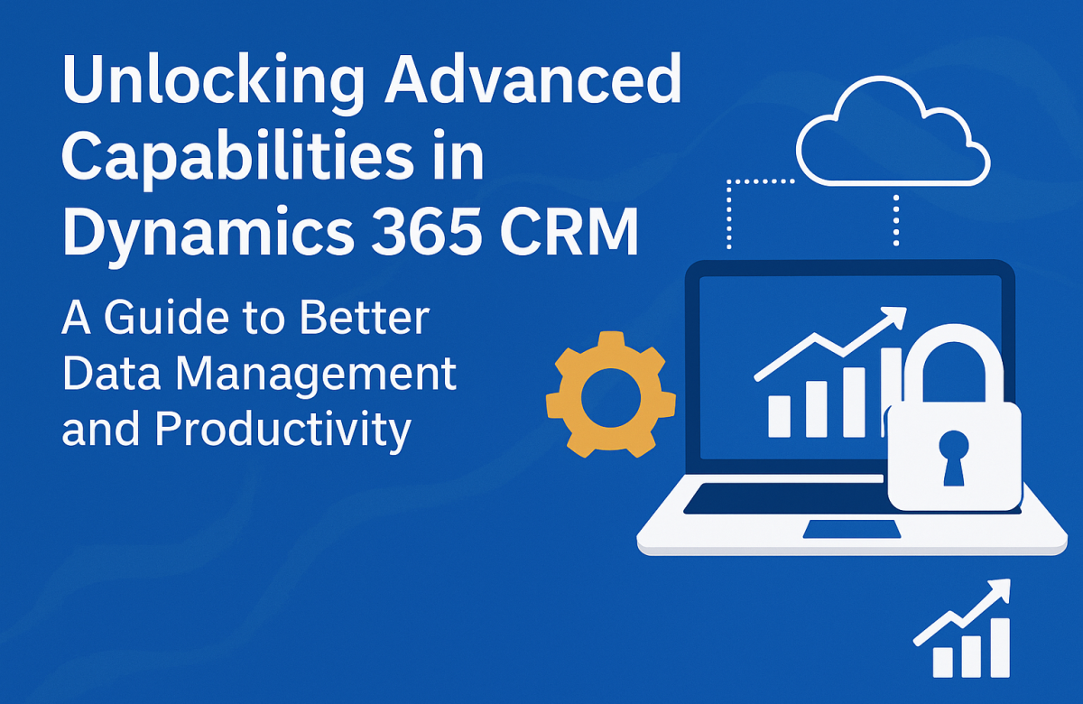 Dynamics 365 CRM data management and productivity with laptop, cloud, and lock icons on blue background.