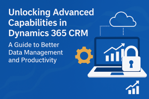 Dynamics 365 CRM data management and productivity with laptop, cloud, and lock icons on blue background.