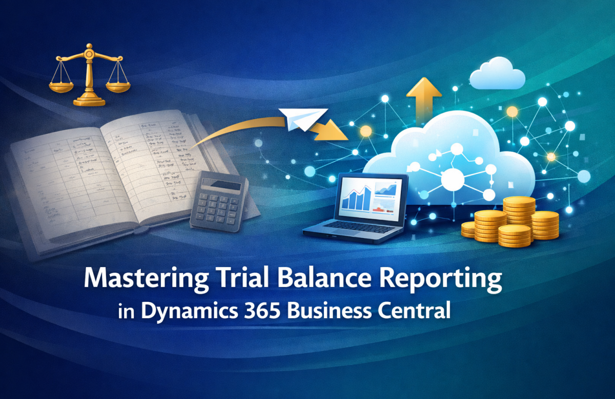Banner showing legacy ledger transforming into a cloud platform with data nodes, highlighting trial balance reporting in Dynamics 365.