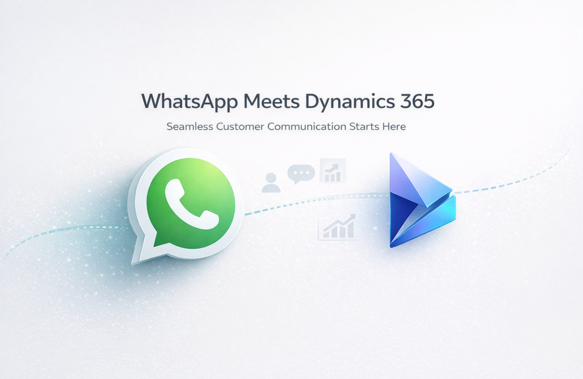 Sleek Dynamics 365 CRM dashboard with integrated WhatsApp conversations. Split-screen layout shows WhatsApp chat threads on the left and a customer profile with interaction history on the right, using soft blue and green accents, modern UI elements, and a clean professional design with the text ‘WhatsApp + Dynamics 365: Unified Customer Communication.