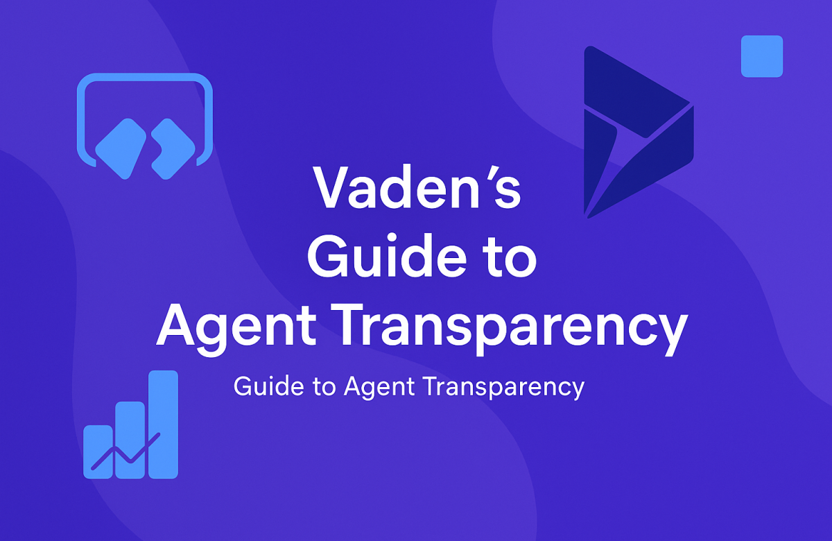 A modern purple and blue gradient cover design featuring subtle Power Apps and Dynamics 365 icons. Centered white text reads ‘Vaden’s Guide to Agent Transparency’ with a smaller subtitle beneath. The layout uses smooth abstract shapes and tech-themed graphic elements for a professional, branded look