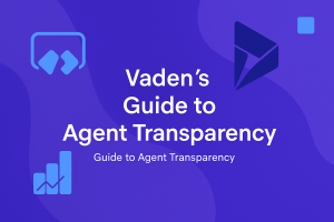 A modern purple and blue gradient cover design featuring subtle Power Apps and Dynamics 365 icons. Centered white text reads ‘Vaden’s Guide to Agent Transparency’ with a smaller subtitle beneath. The layout uses smooth abstract shapes and tech-themed graphic elements for a professional, branded look
