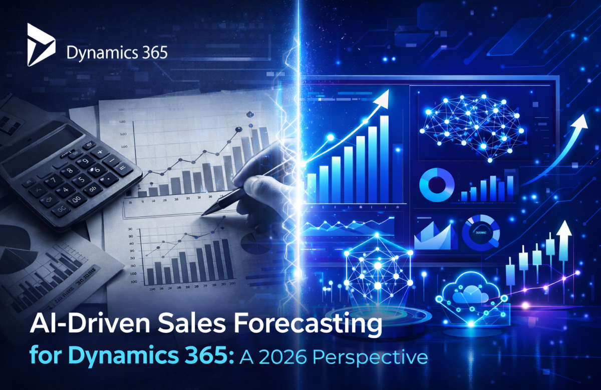 Split-screen blog banner for ‘AI-Driven Sales Forecasting for Dynamics 365: A 2026 Perspective,’ showing grayscale manual sales charts and a calculator on the left, and a vibrant AI-powered dashboard on the right with glowing predictive analytics, neural network visuals, upward-trending charts, and cloud icons in blue and teal tones, connected by a bright digital transformation beam in the center.