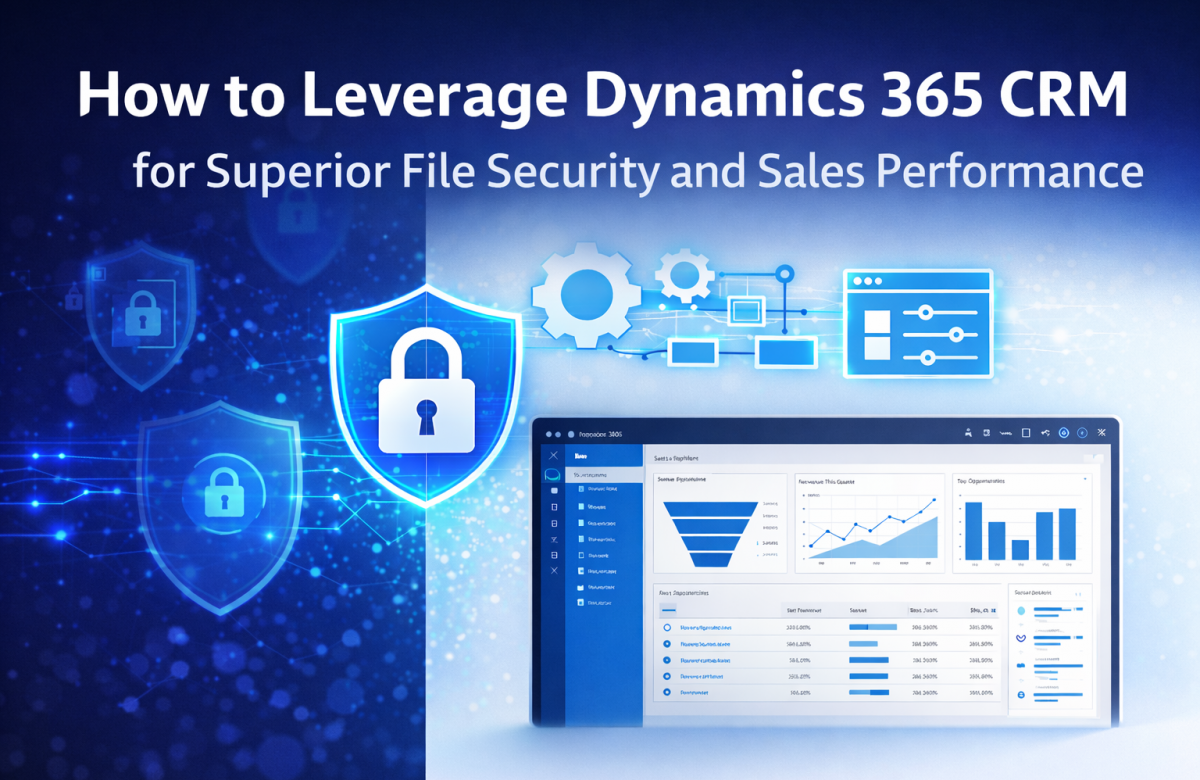 Split-screen blog banner showing Dynamics 365 CRM dashboard with sales analytics and automation workflows on a light blue background, combined with digital security shields and lock icons on a dark blue background, representing secure file management and improved sales performance