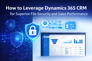 Split-screen blog banner showing Dynamics 365 CRM dashboard with sales analytics and automation workflows on a light blue background, combined with digital security shields and lock icons on a dark blue background, representing secure file management and improved sales performance