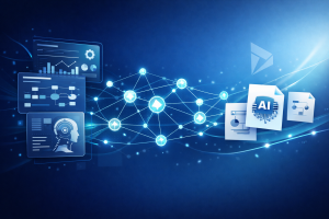 Modern enterprise banner illustrating Microsoft Power Platform and AI automation with holographic dashboards, connected digital nodes, and AI-enabled documents on a blue gradient background.