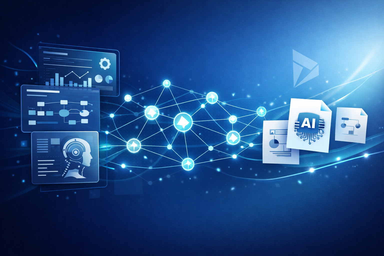 Modern enterprise banner illustrating Microsoft Power Platform and AI automation with holographic dashboards, connected digital nodes, and AI-enabled documents on a blue gradient background.