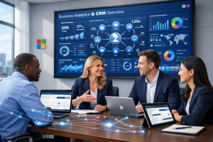Team collaborating in modern office with CRM dashboards, analytics display, and connected devices in blue corporate setting.