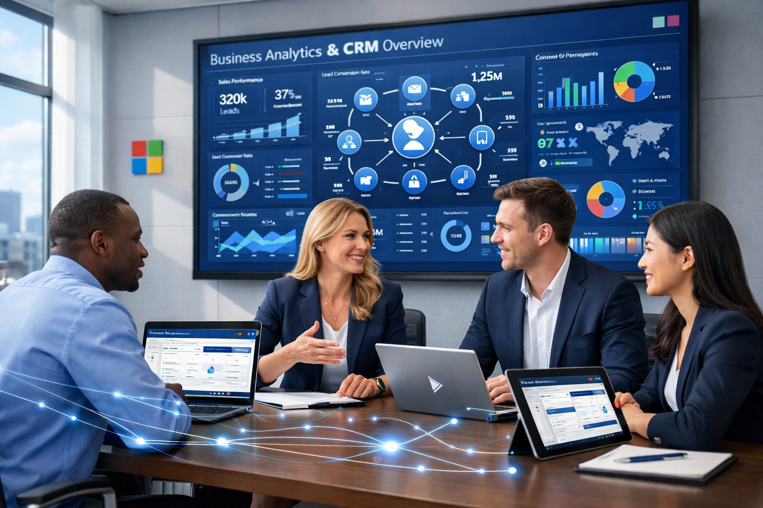 Team collaborating in modern office with CRM dashboards, analytics display, and connected devices in blue corporate setting.