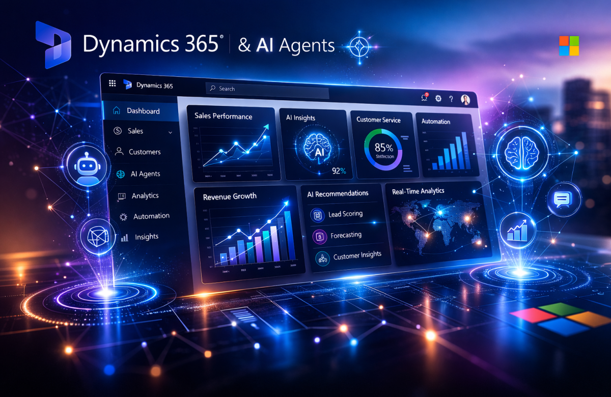 Dynamics 365 dashboard with AI agents, glowing analytics, blue-purple gradient background, futuristic business UI banner.