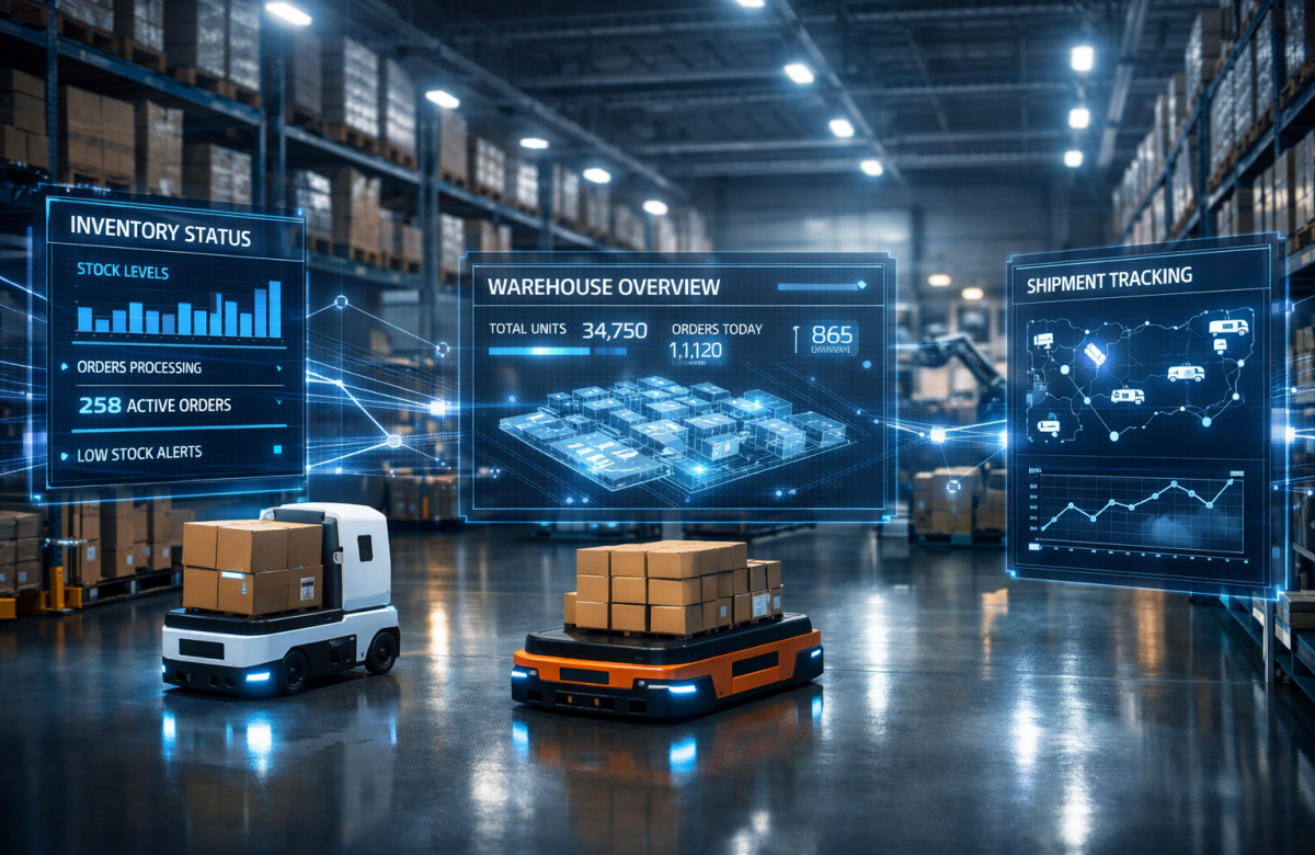 Modern automated warehouse featuring autonomous robots, glowing AI interface displays, and real-time inventory analytics in a high-tech supply chain environment.