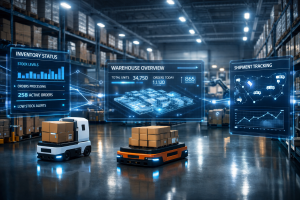 Modern automated warehouse featuring autonomous robots, glowing AI interface displays, and real-time inventory analytics in a high-tech supply chain environment.