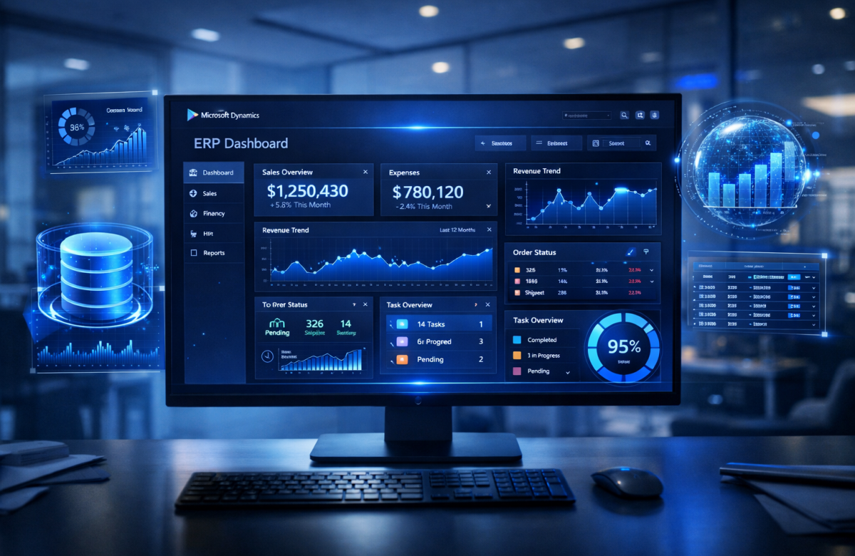 Ultra-modern ERP dashboard on widescreen monitor with holographic charts in blue-lit corporate office.