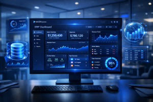 Ultra-modern ERP dashboard on widescreen monitor with holographic charts in blue-lit corporate office.