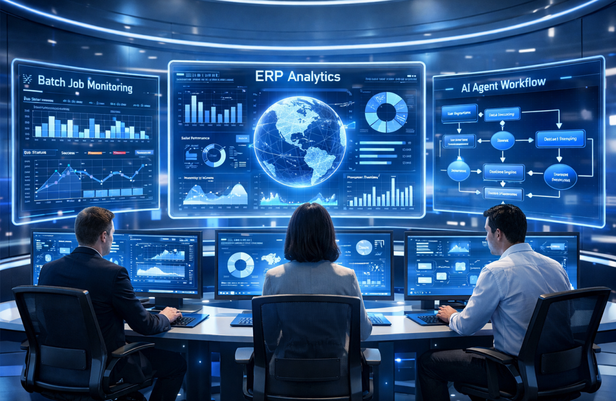 Futuristic enterprise control room with professionals monitoring holographic dashboards showing ERP analytics, batch jobs, and AI workflows.
