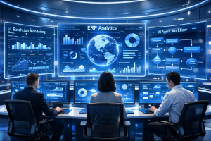 Futuristic enterprise control room with professionals monitoring holographic dashboards showing ERP analytics, batch jobs, and AI workflows.