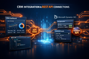 CRM dashboard connected to Microsoft Dynamics 365 and external APIs with glowing circuit lines, REST API code, and holographic data flow.