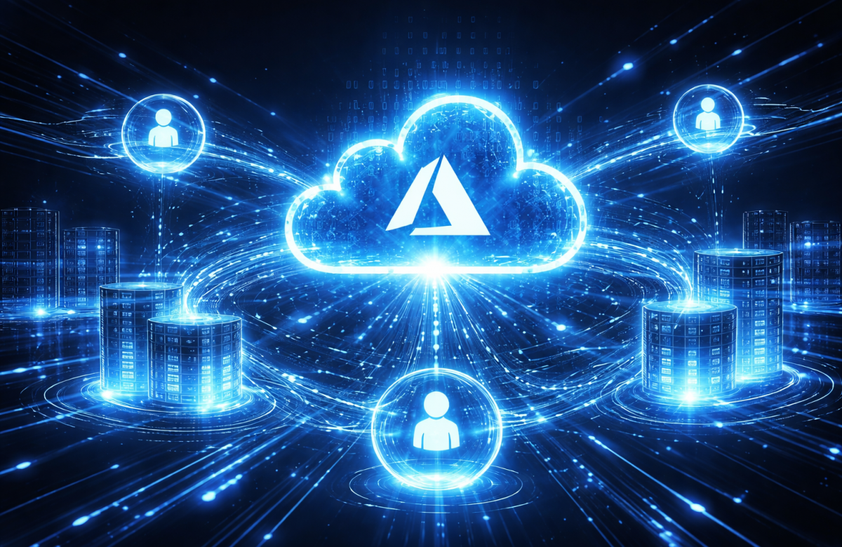 Futuristic Azure cloud with glowing AI nodes and data streams connecting holographic servers in a dark blue tech background.