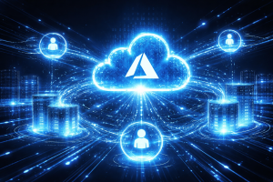 Futuristic Azure cloud with glowing AI nodes and data streams connecting holographic servers in a dark blue tech background.