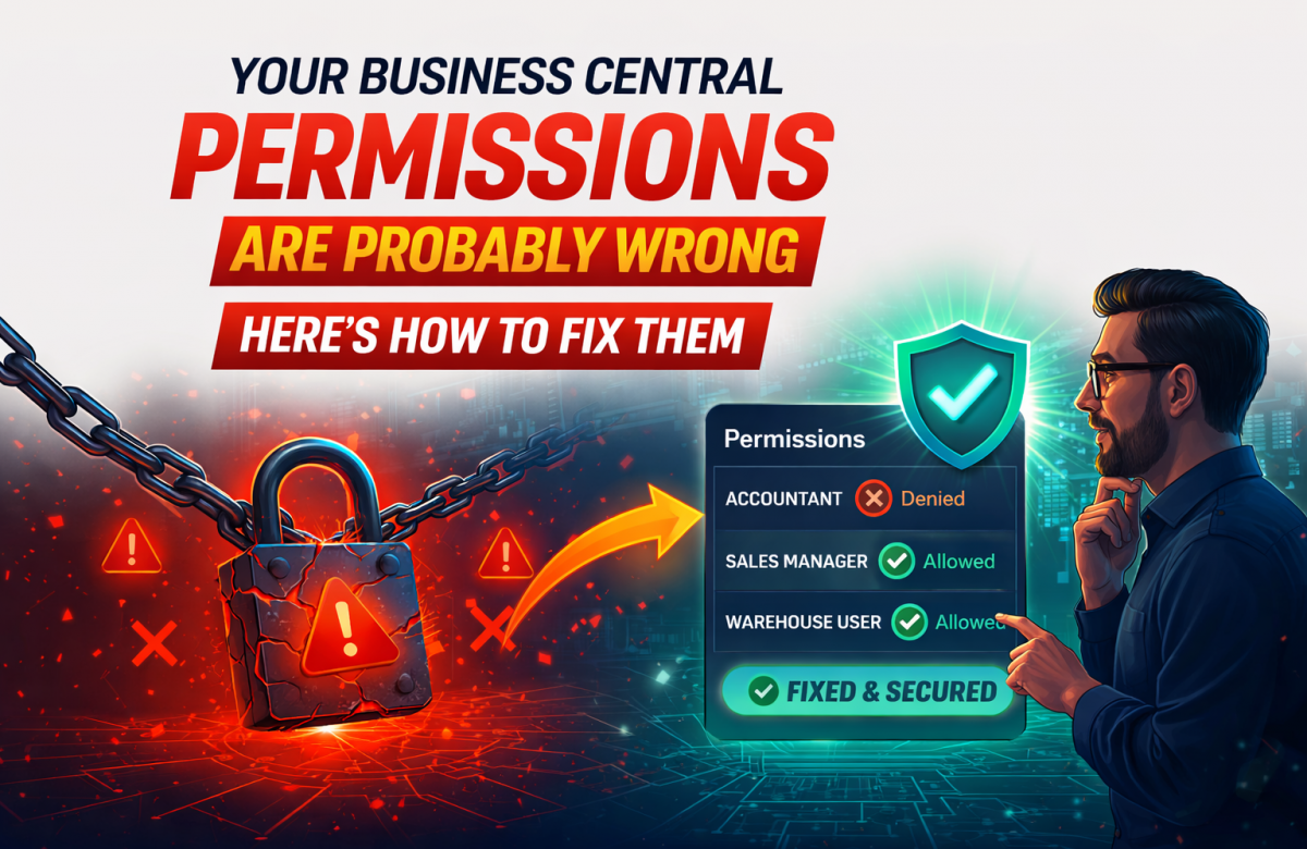 Business Central permissions issue illustration showing locked access warning transitioning to corrected roles and secure system setup