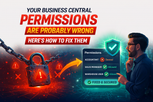 Business Central permissions issue illustration showing locked access warning transitioning to corrected roles and secure system setup