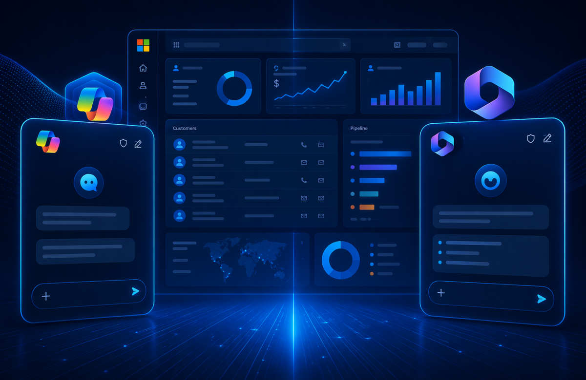 Futuristic split-screen AI dashboard with glowing CRM analytics, charts, and dual assistant panels in sleek blue tech interface.
