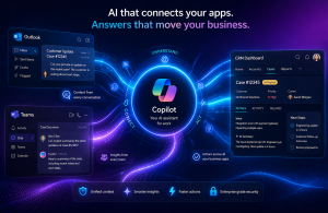 AI Copilot hub connecting Outlook, Teams, and Dynamics 365 CRM with glowing data flows, showcasing unified insights, automation, and workflow integration