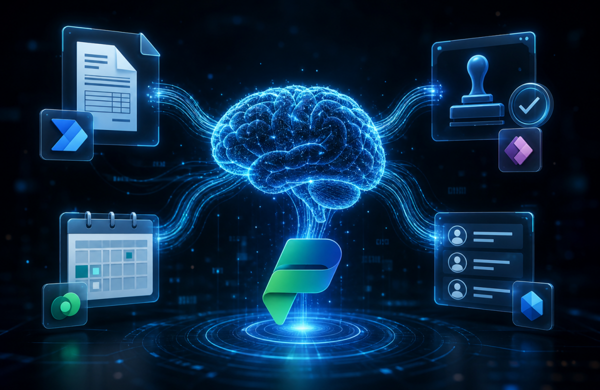 Glowing blue AI brain linked to automation icons via neon data streams on a dark background, representing Microsoft Power Platform workflows.