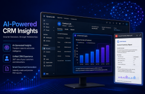 Futuristic AI-powered CRM dashboard displayed on an ultra-wide monitor with glowing blue and purple predictive analytics charts, customer relationship management data panels, and a floating PDF report preview. Set against a deep navy background with digital data visualization lines and AI neural network patterns, creating a modern corporate technology and business intelligence concept.