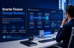 Dynamics 365 Business Central finance dashboard showing invoice management, payment automation, ERP integration, and financial reporting in a modern business office environment.