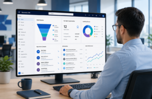 Business professional analyzing Dynamics 365 CRM data on a desktop monitor featuring sales pipeline management, customer records, and performance analytics.