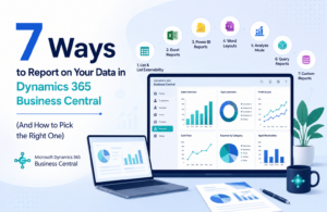 Dynamics 365 Business Central dashboard showing 7 reporting methods, including Power BI, Excel, analytics and reports.