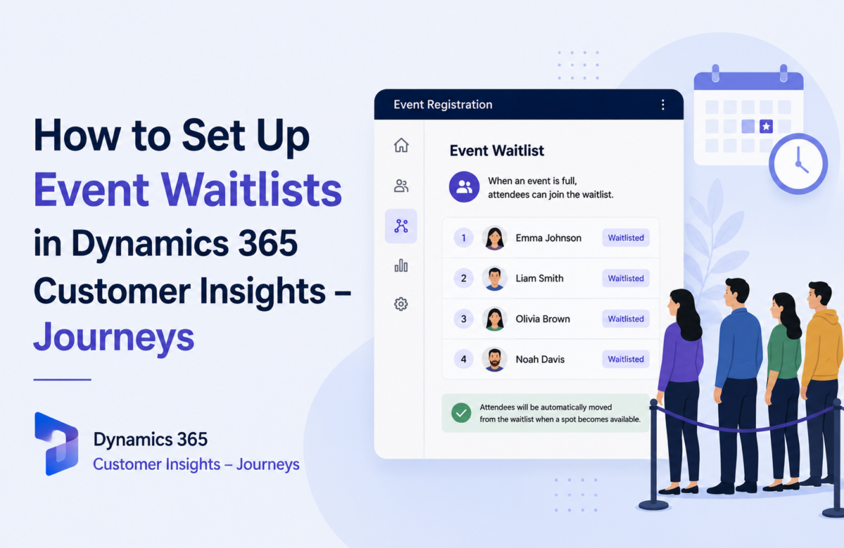 Banner illustrating how to set up event waitlists in Dynamics 365 Customer Insights – Journeys, featuring an event registration waitlist interface, waitlisted attendees, calendar and clock icons, and a queue of people.