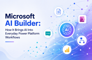 Microsoft AI Builder banner showing how AI integrates with everyday Power Platform workflows, featuring an AI brain connected to document, chat, workflow, Power Platform, and analytics icons.
