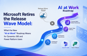 Microsoft transitions from the Release Wave Model to the new AI at Work roadmap, highlighting continuous innovation, AI-powered experiences, faster value delivery, and smarter outcomes for Dynamics 365 and Power Platform users.
