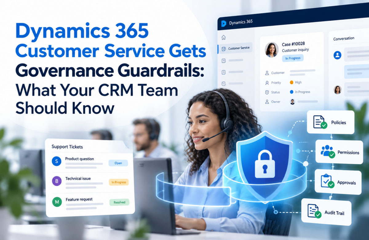 illustrating Dynamics 365 Customer Service governance guardrails, featuring a customer service agent, CRM case dashboard, support tickets, and governance controls for policies, permissions, approvals, and audit trails.
