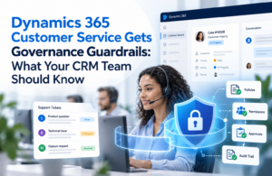 illustrating Dynamics 365 Customer Service governance guardrails, featuring a customer service agent, CRM case dashboard, support tickets, and governance controls for policies, permissions, approvals, and audit trails.