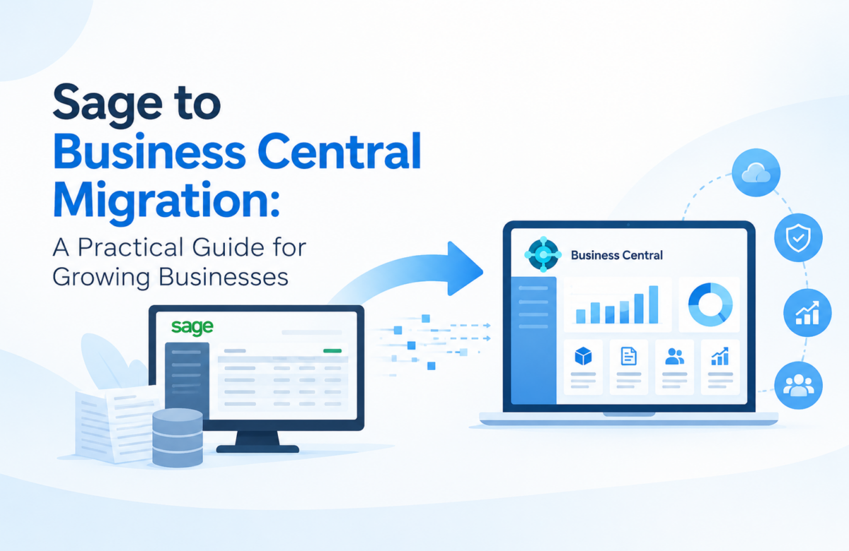 Sage to Business Central migration illustration showing data moving from a Sage system to a modern Business Central cloud ERP dashboard for growing businesses.