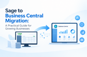 Sage to Business Central migration illustration showing data moving from a Sage system to a modern Business Central cloud ERP dashboard for growing businesses.