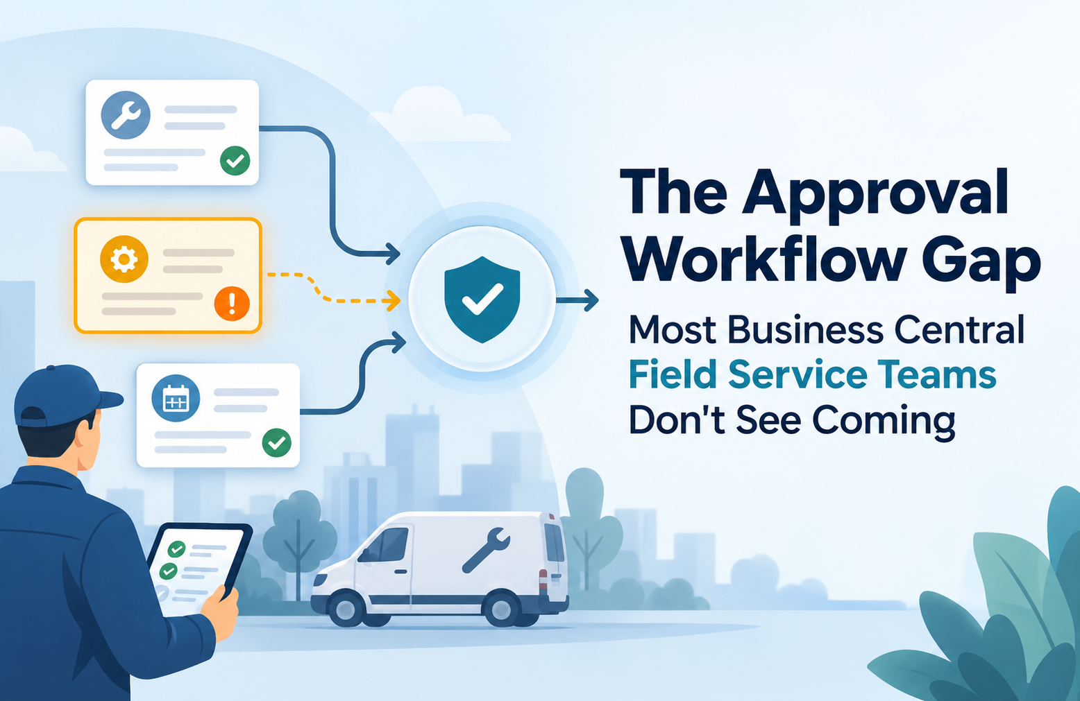 Illustration of a field service technician, service van, and approval workflow cards showing approved and flagged tasks moving through a central checkpoint, representing approval workflow gaps in Business Central Field Service.